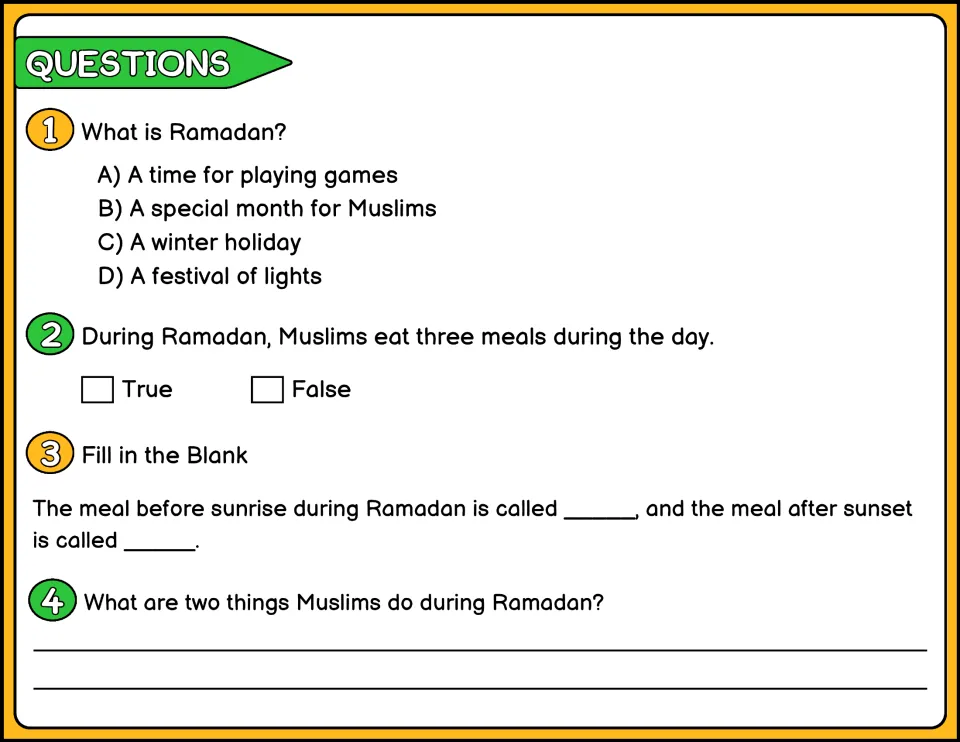 Ramadan comprehension questions 1-4 in color: multiple choice, true/false, fill in two meal names, and a short answer