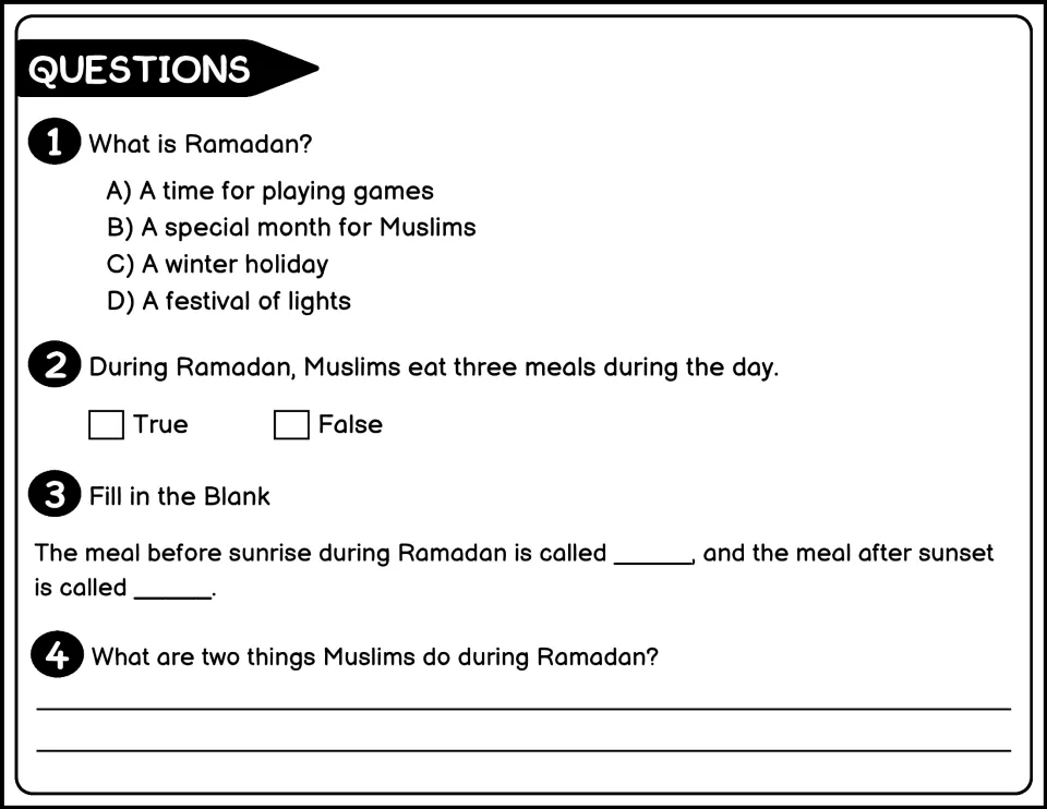Black-and-white Ramadan questions 1-4: what Ramadan is, true/false on meals, a meal-name blank and two things Muslims do