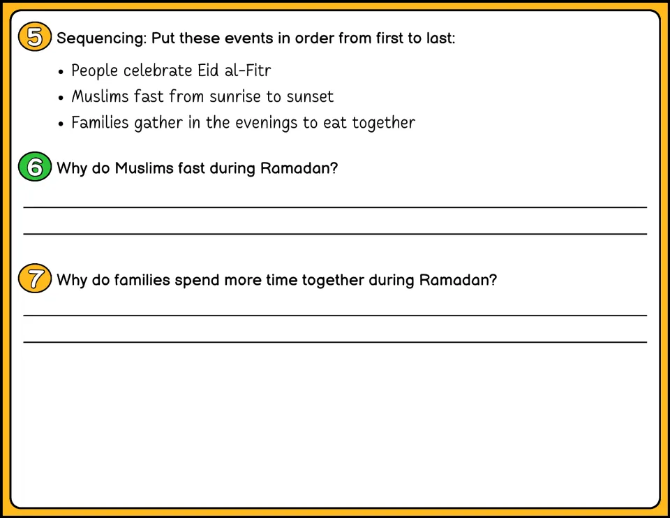 Ramadan questions 5-7 in color: sequencing fasting, family meals and Eid al-Fitr, then two written why-questions