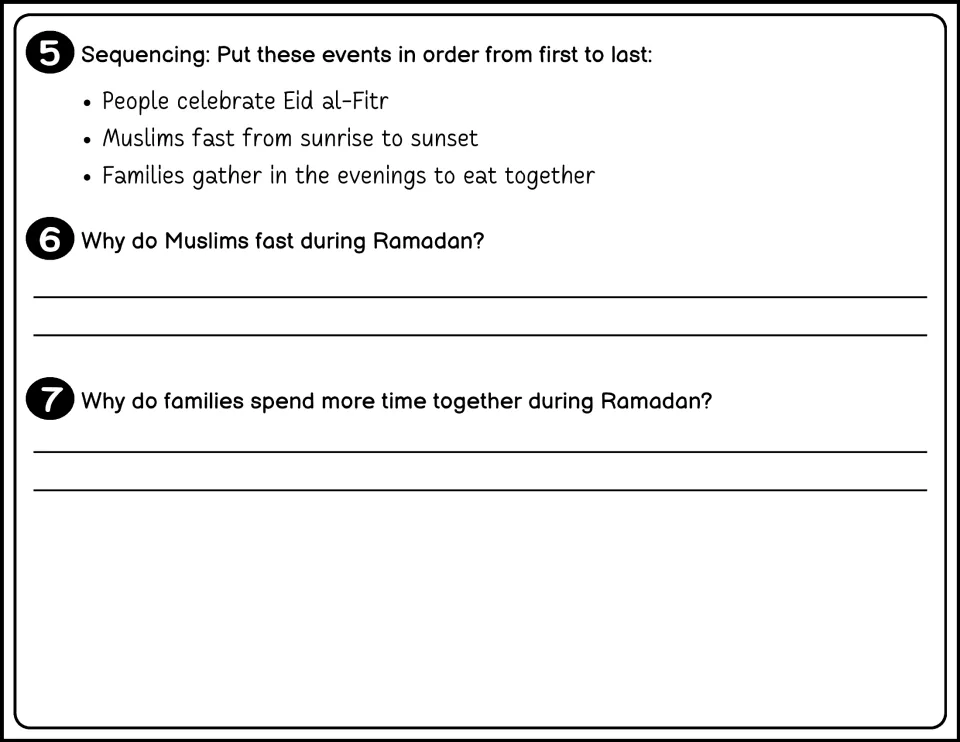 Black-and-white Ramadan questions 5-7: put three events in order, then explain why Muslims fast and why families gather