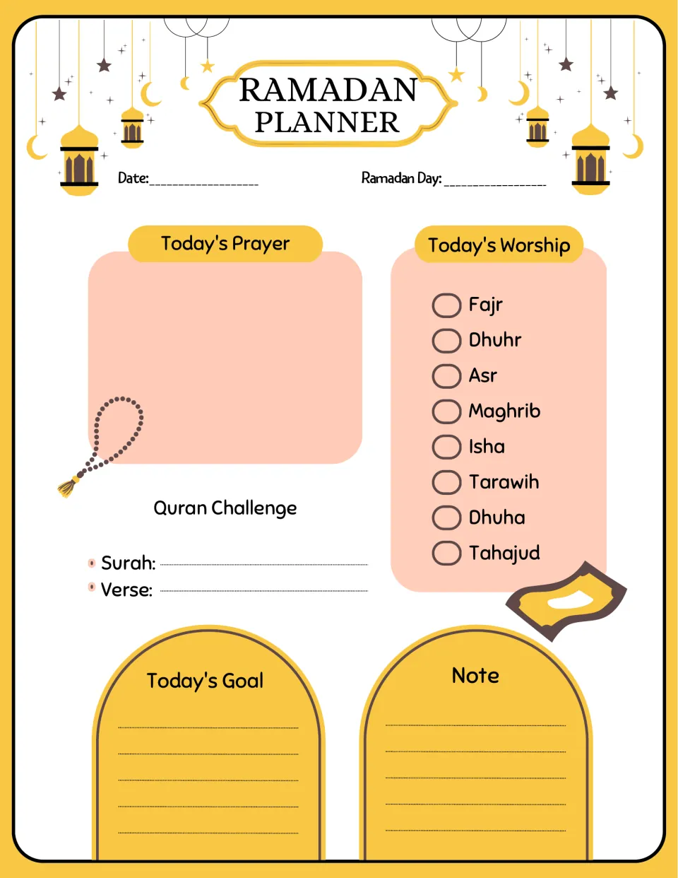 Daily Ramadan planner: Today's Prayer, eight worship checkoffs, Quran Challenge, Today's Goal, and Note.