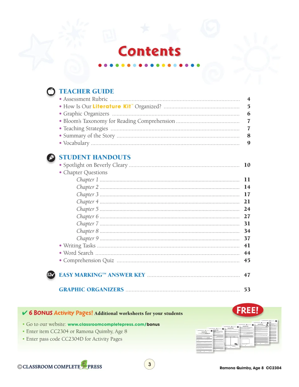 Contents lists the teacher guide, nine chapter sections, writing tasks, quiz, answer key, and organizers