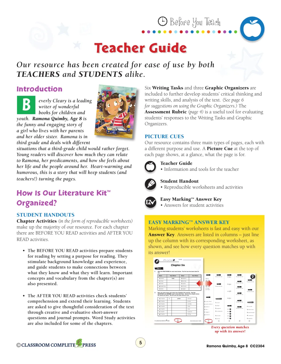 Teacher guide explains before- and after-reading activities, six writing tasks, and the answer key