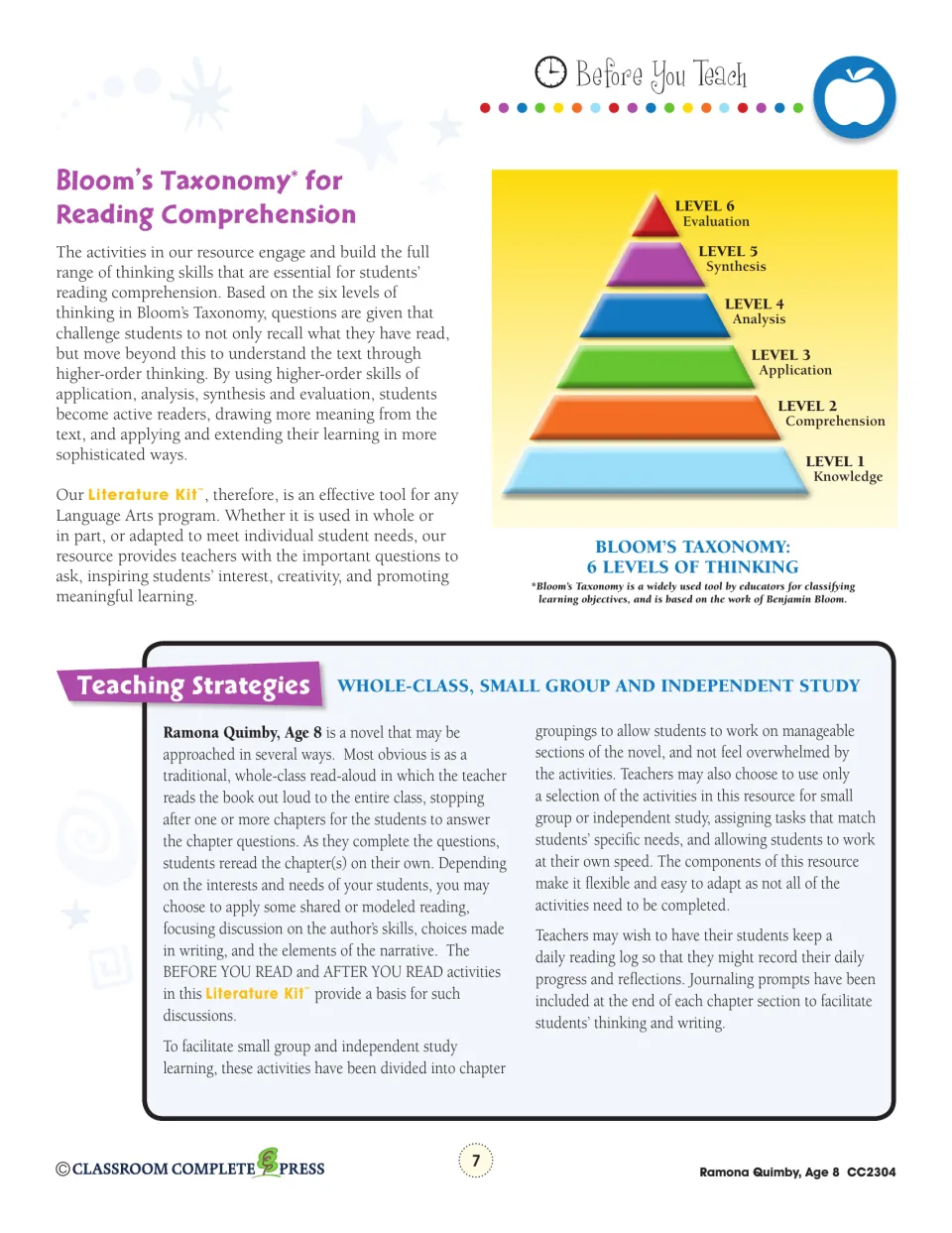 Teacher guide explains six Bloom’s thinking levels and strategies for whole-class, group, and independent study