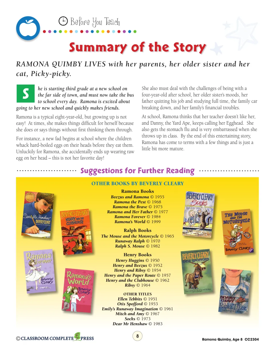 Story summary follows Ramona’s new school, raw-egg mishap, and family challenges, with further reading titles