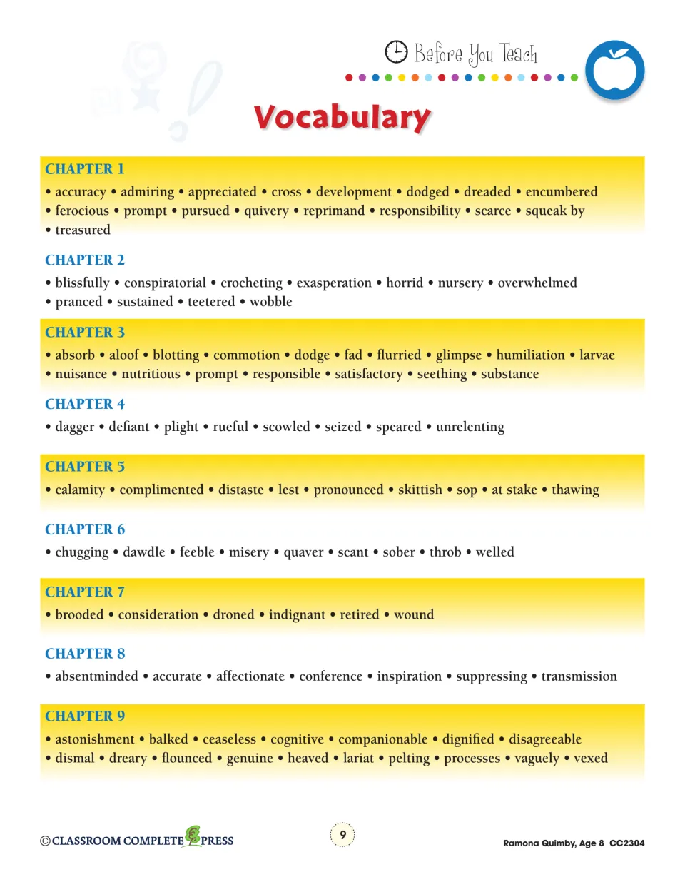 Vocabulary reference groups words by all nine chapters, including accuracy, exasperation, and calamity