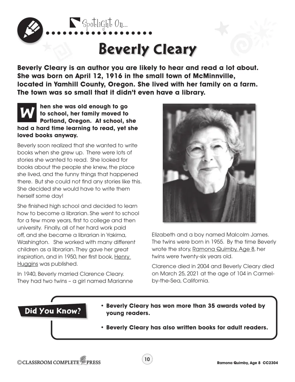 Beverly Cleary author handout covers her childhood, reading struggles, library career, books, and family