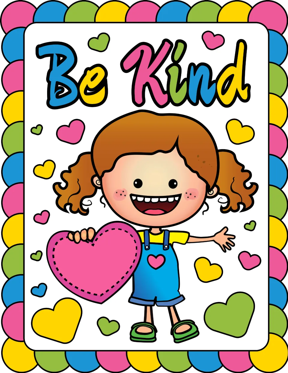 Kindness poster reading 'Be Kind' with a smiling child holding a large pink heart for the classroom display
