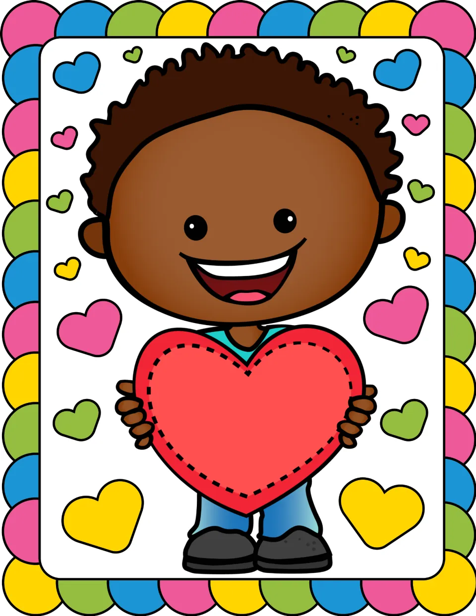 Wordless kindness poster showing a smiling child holding a large red heart for the classroom display