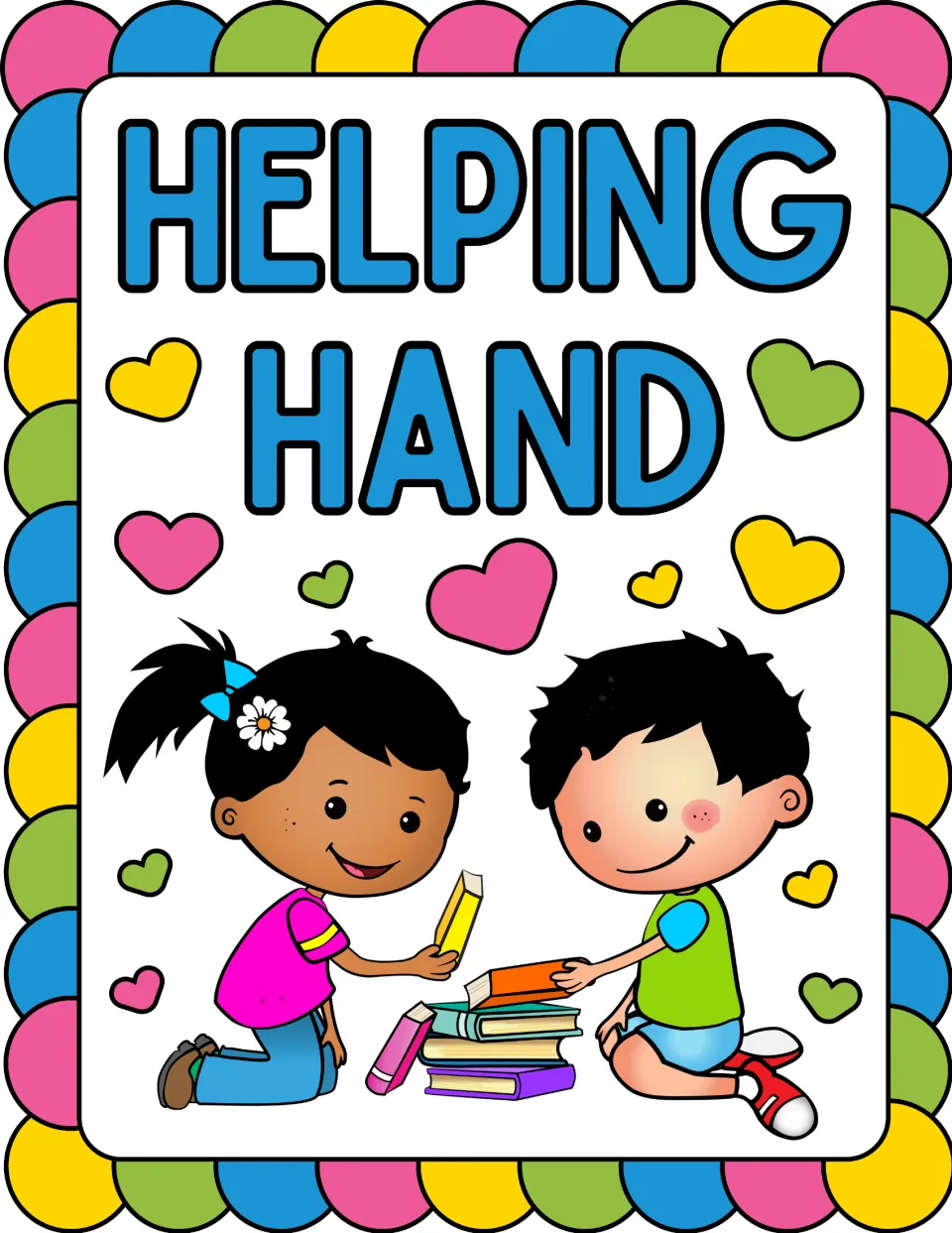 Kindness poster reading 'HELPING HAND' with two children kneeling beside a stack of books and picking them up
