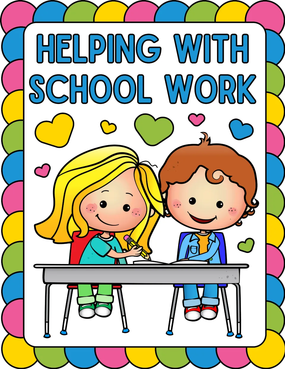 Kindness poster reading 'HELPING WITH SCHOOL WORK' with two children sharing an open book at a desk