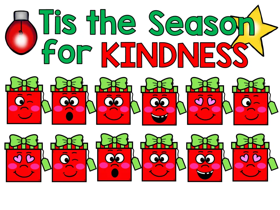 Tis the Season for Kindness cover: 12 smiling red gift boxes with green bows, a holiday light bulb and a gold star