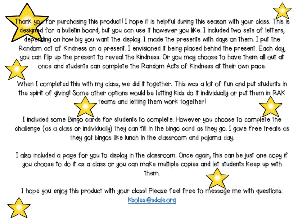 Teacher notes on running the kindness challenge: flip-up day presents, class or team options, bingo cards and a tracker