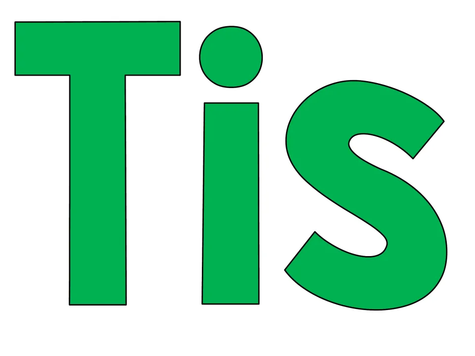 Bulletin board letters: large green cut-out letters T, i and s spelling 'Tis', the first word of the display heading