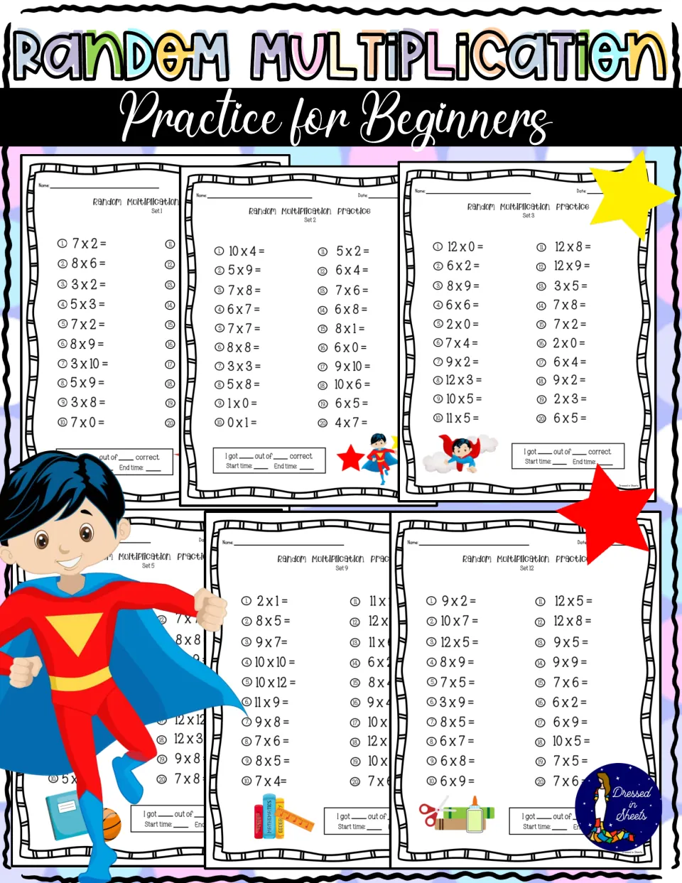 Random Multiplication Practice for Beginners cover: superhero clip art over sample sheets of 20 facts with a score box
