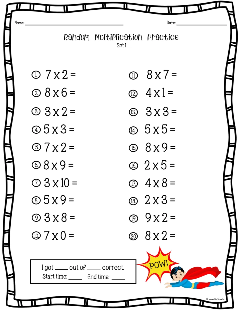 Multiplication facts Set 1: students solve 20 mixed facts such as 7 x 2, 3 x 10 and 7 x 0, then record score and times
