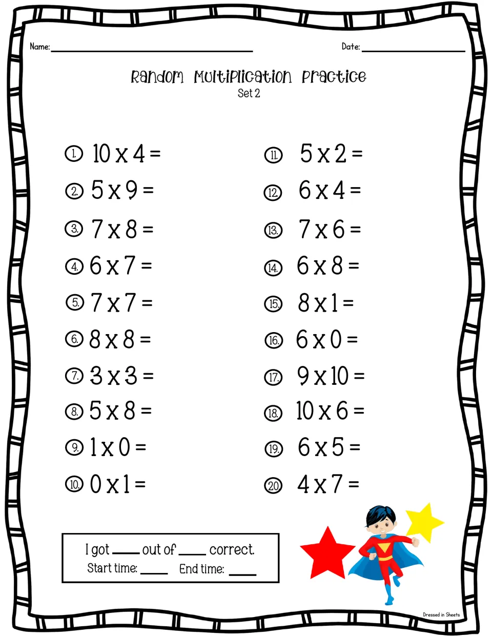 Multiplication facts Set 2: students solve 20 mixed facts including 10 x 4, 1 x 0, 0 x 1 and 9 x 10, then log score