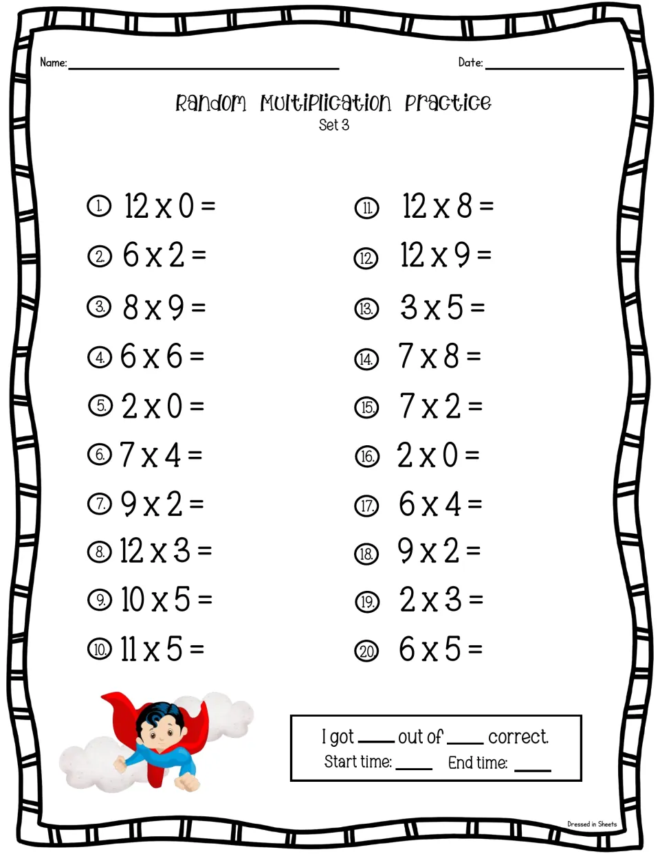 Multiplication facts Set 3: students answer 20 mixed facts with 11s and 12s such as 12 x 0, 11 x 5 and 12 x 9