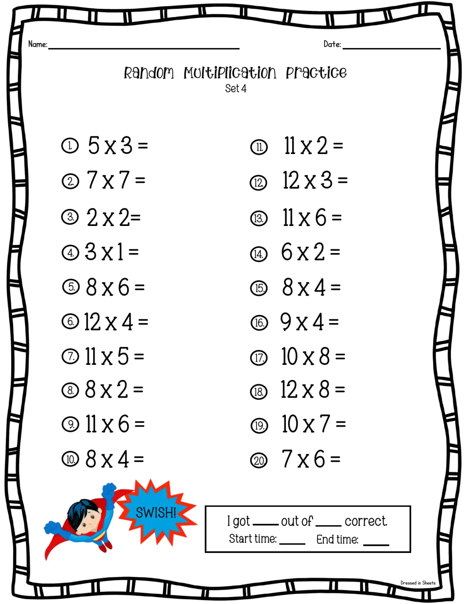 Multiplication facts Set 4: students solve 20 mixed problems like 11 x 2, 12 x 4 and 10 x 8, then fill in score and time