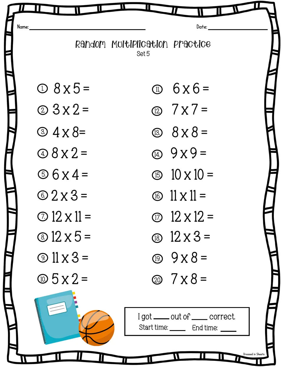 Multiplication Set 5: students solve 20 problems, including the squares 6 x 6 through 12 x 12 and others like 11 x 3