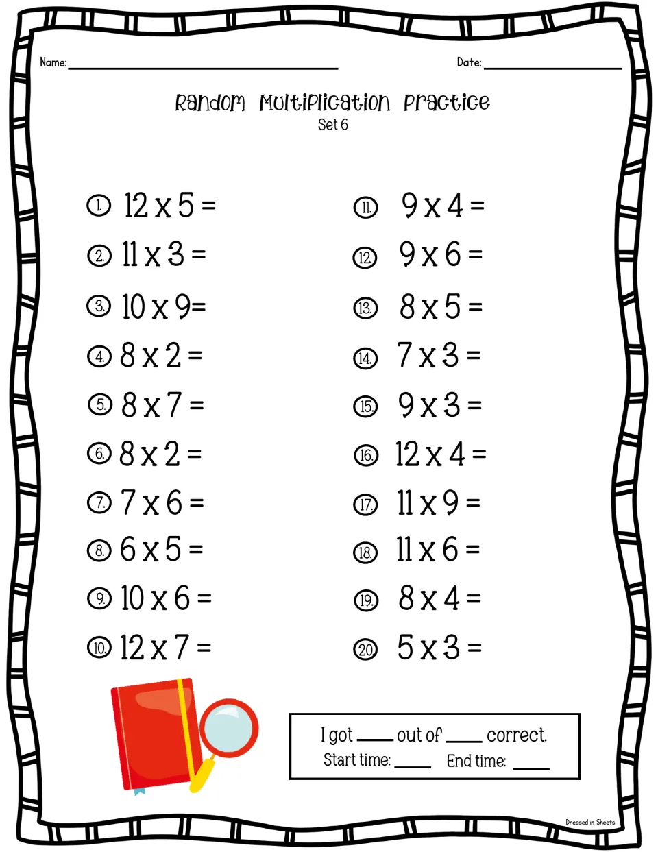 Multiplication facts Set 6: students solve 20 mixed facts such as 12 x 5, 10 x 9 and 11 x 9, then note score and time