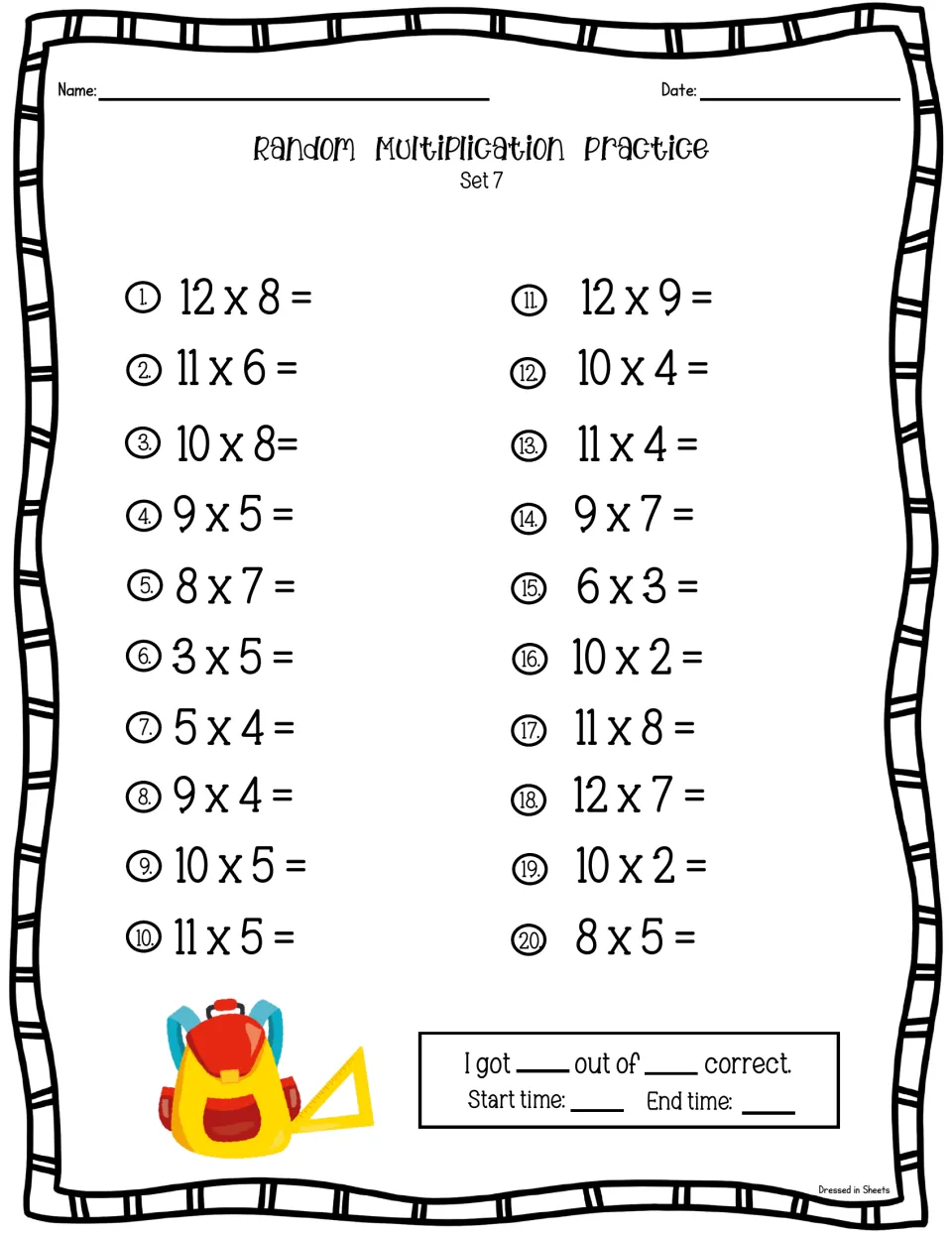 Multiplication facts Set 7: students answer 20 mixed facts including 12 x 8, 9 x 7 and 11 x 8, then write score and times