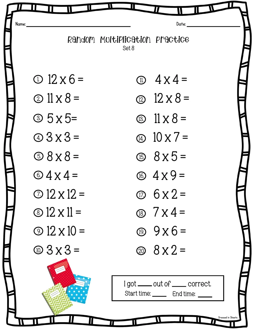 Multiplication facts Set 8: students solve 20 mixed facts such as 12 x 12, 12 x 11, 4 x 9 and 9 x 6, then record score