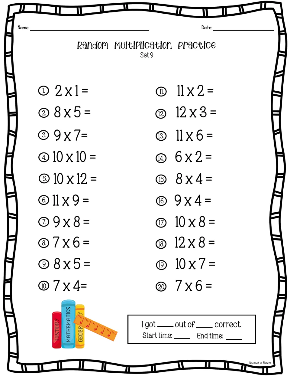 Multiplication facts Set 9: students solve 20 mixed facts like 2 x 1, 10 x 12, 11 x 9 and 7 x 6, then add score and time