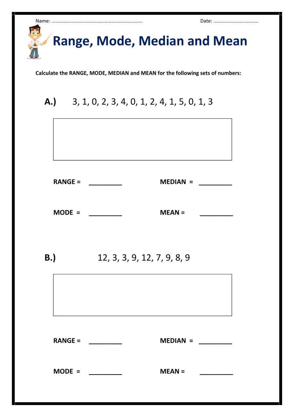 Averages practice: students find the range, mode, median and mean of set A (15 digits 0 to 5) and set B (nine numbers)