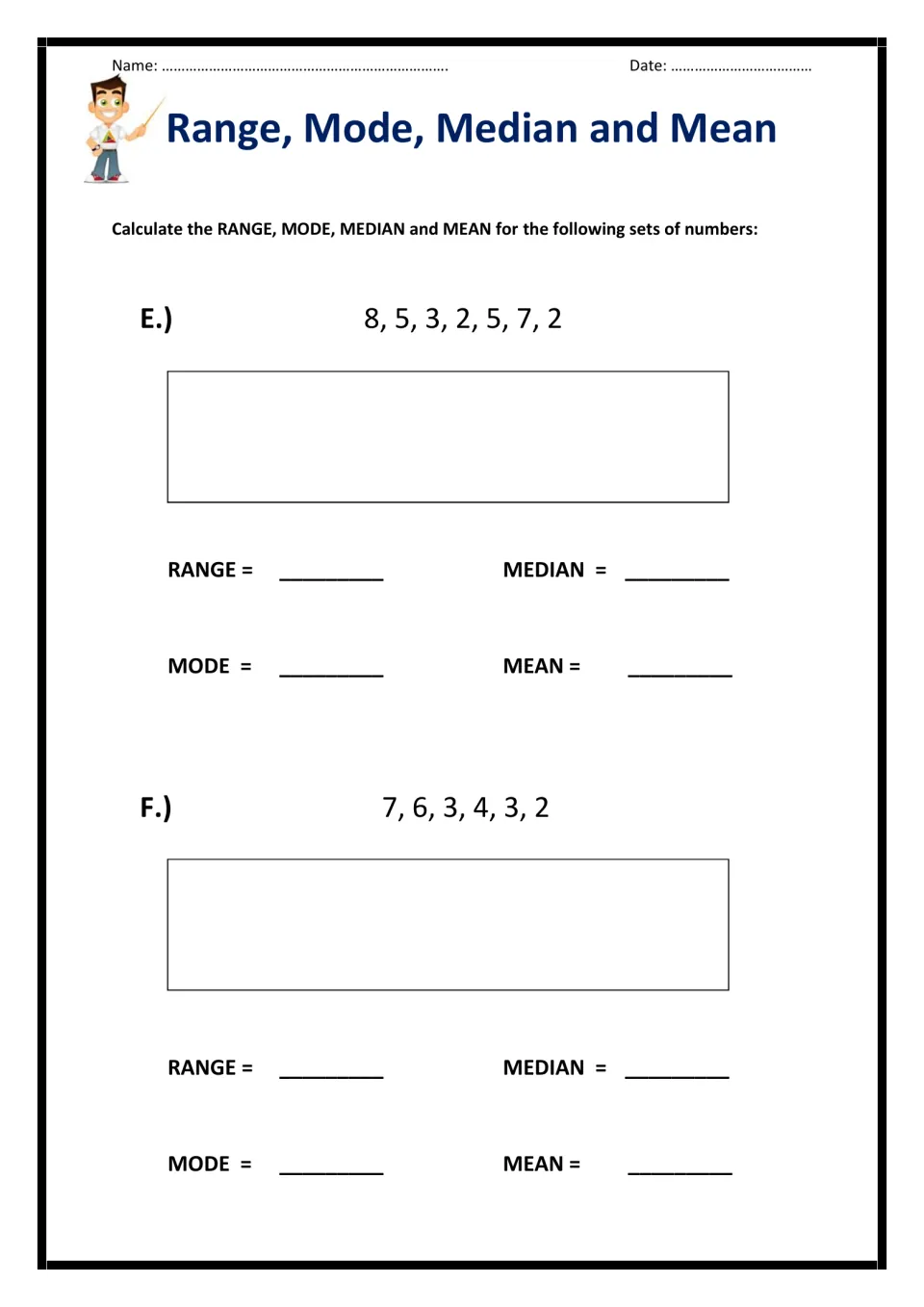 Sets E and F: students calculate averages for 8, 5, 3, 2, 5, 7, 2 and for 7, 6, 3, 4, 3, 2