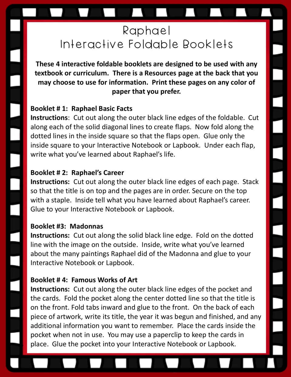Assembly instructions for four Raphael booklets: Basic Facts, Raphael’s Career, Madonnas, and Famous Works of Art
