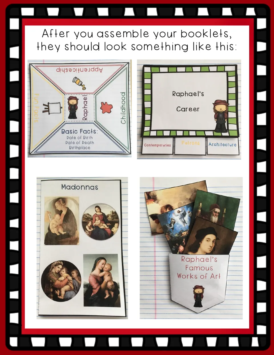 Assembly examples show the completed Raphael facts foldable, career booklet, Madonnas booklet, and art pocket