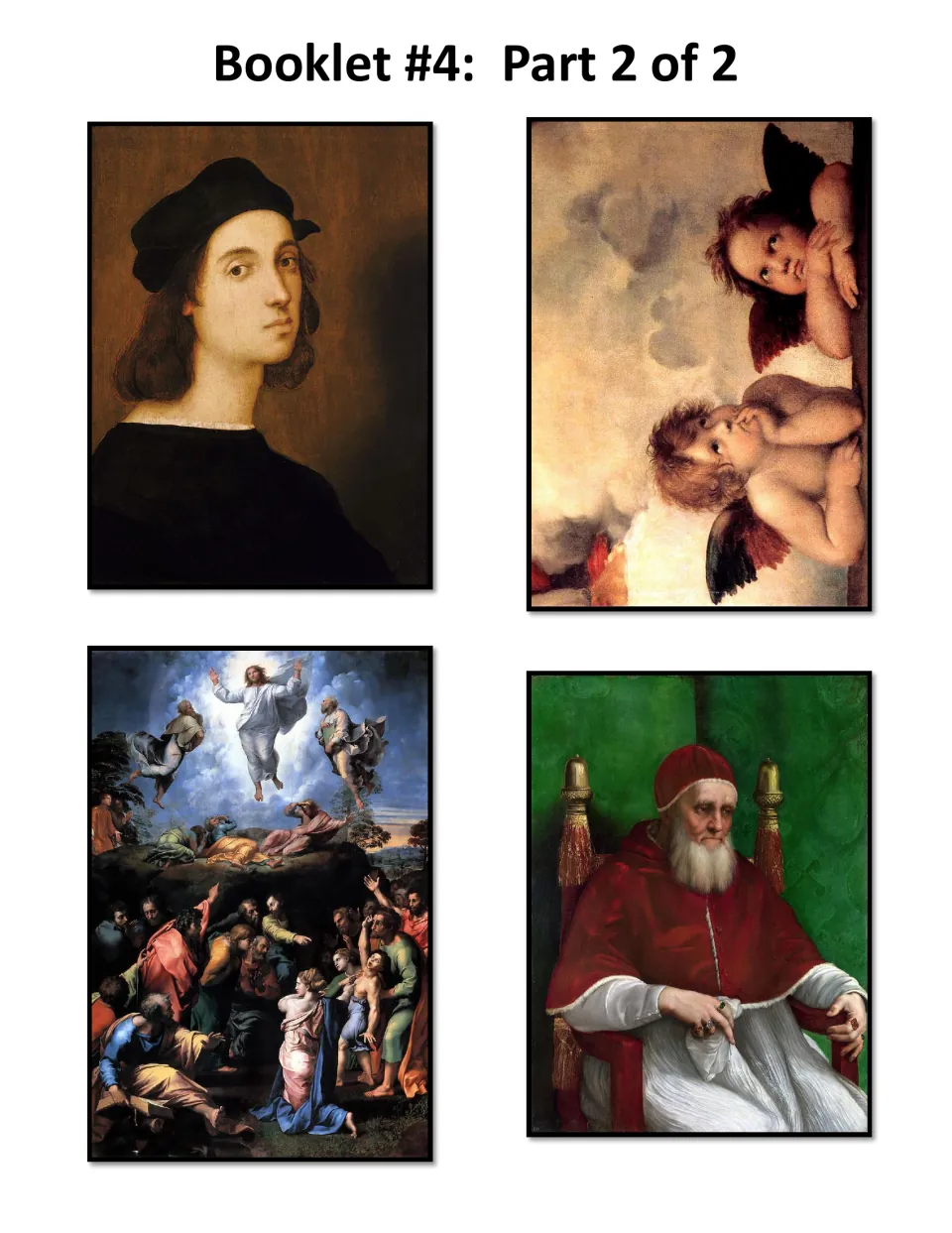 Four cards for Raphael’s art pocket show a self-portrait, two cherubs, the Transfiguration, and Pope Julius II