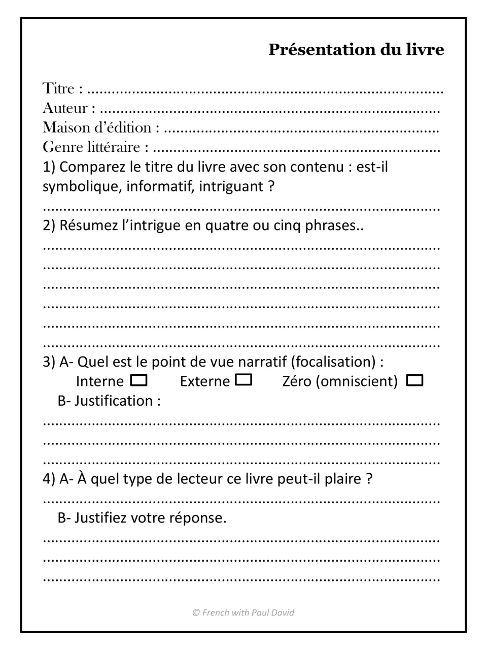 French book report introduction, questions 1–4: book details, title, plot summary, viewpoint, and audience.