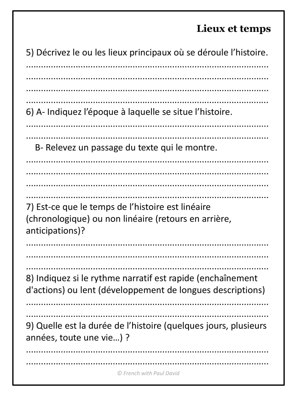 French book report setting section, questions 5–9: locations, historical period, chronology, pace, and duration.