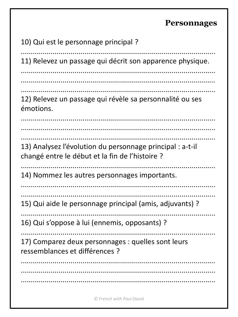 French book report character section, questions 10–17: appearance, personality, change, allies, and opponents.