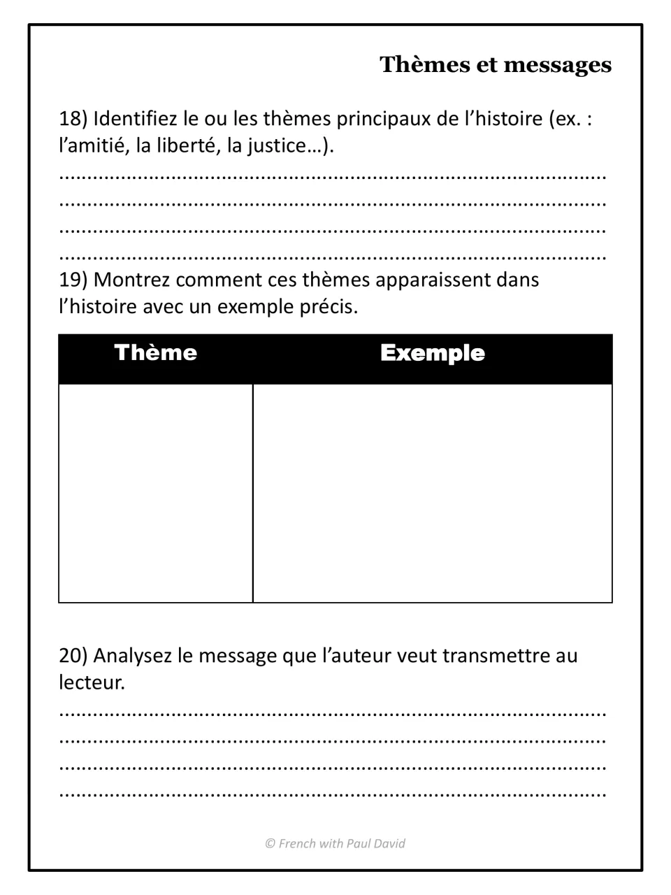 French book report themes section, questions 18–20: identify themes, give examples, and analyze the message.