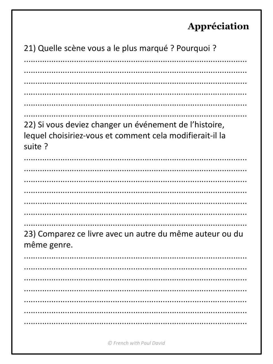 French book report evaluation, questions 21–23: a memorable scene, changing an event, and comparing books.