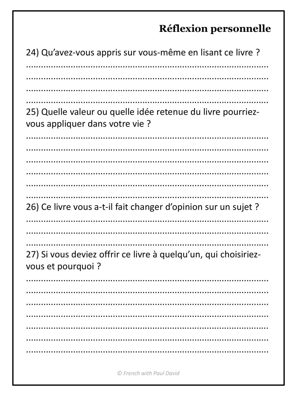 French book report reflection, questions 24–27: self-discovery, values, changed opinions, and gifting the book.