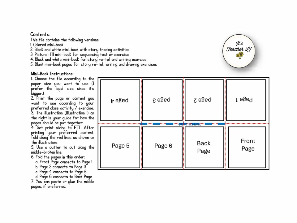 Mini-book guide listing five versions and instructions for printing, folding, cutting, and assembling