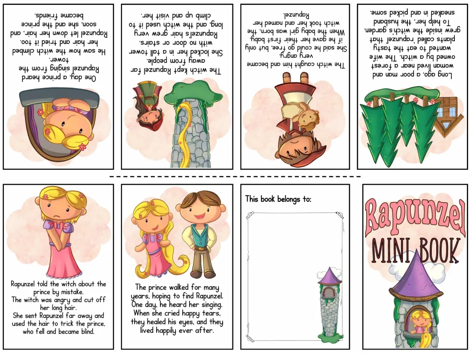 Full-color story mini book with six Rapunzel scenes, from the stolen plants to her reunion with the prince