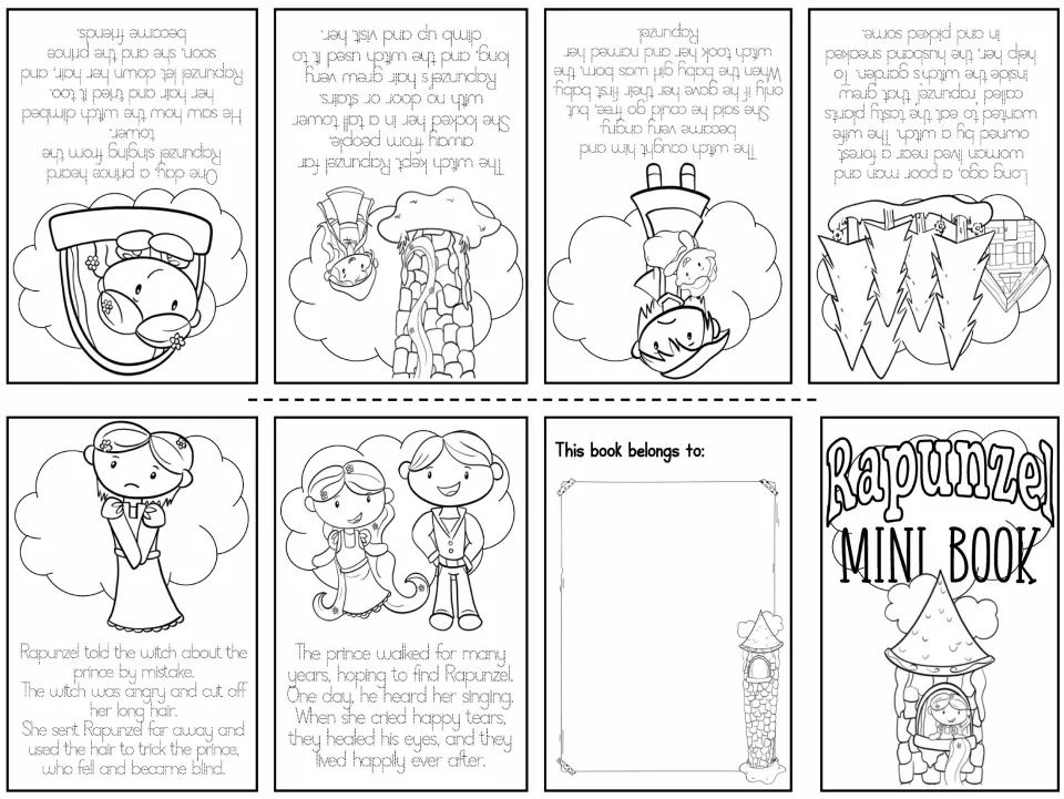 Black-and-white Rapunzel mini book with traceable story text and six illustrations for coloring