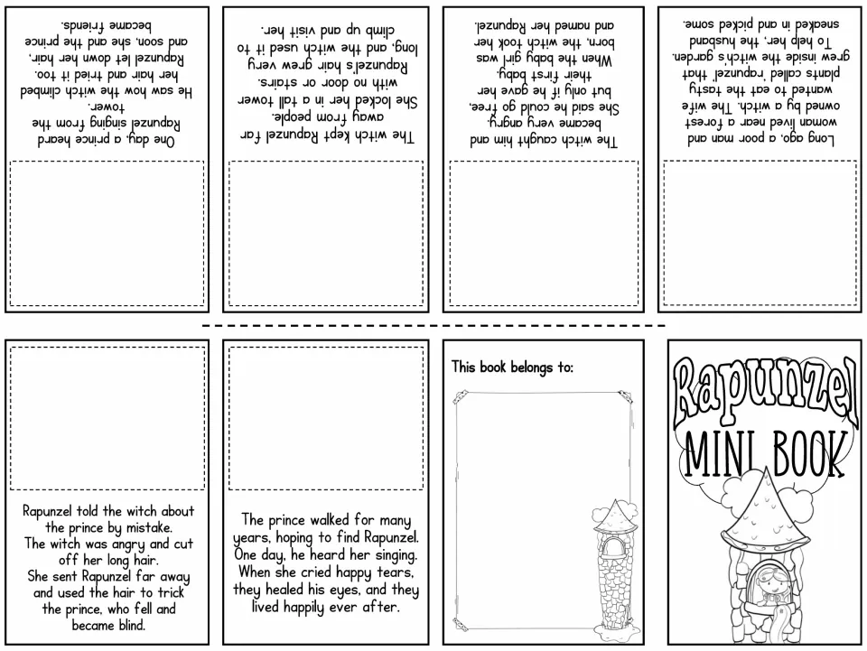 Rapunzel sequencing mini book with six story passages and spaces to paste the matching story pictures