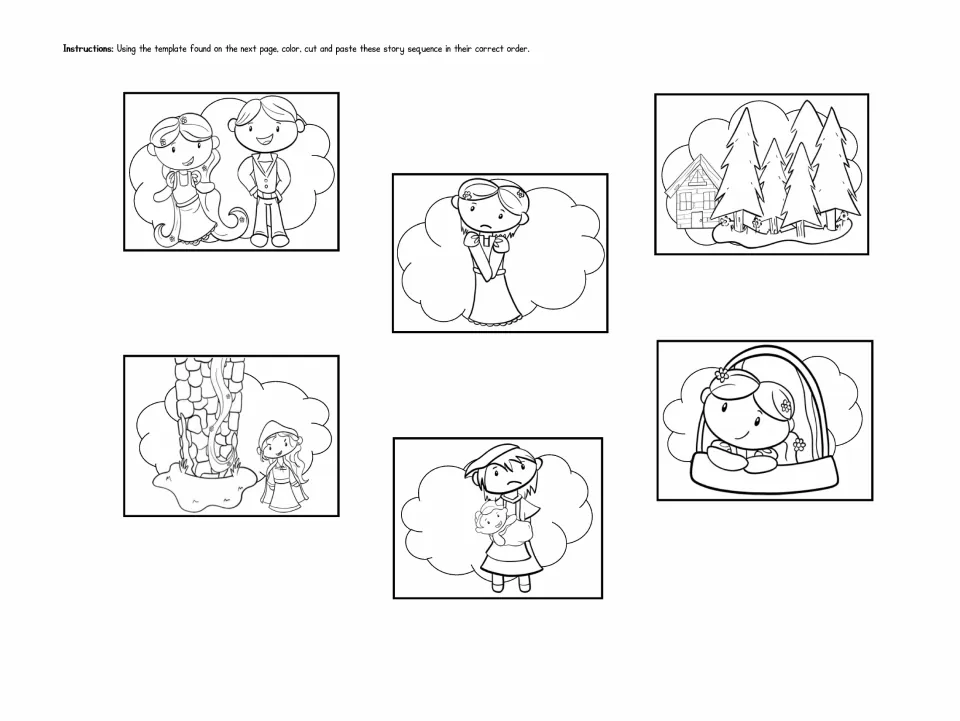 Six Rapunzel sequencing pictures to color, cut, and paste, including the witch, tower, and reunited couple