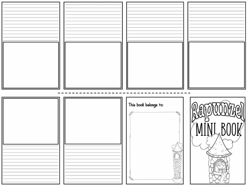 Rapunzel blank mini-book template with six spaces for writing and drawing, plus a cover and ownership page