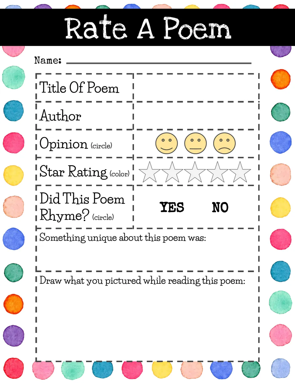 Poem review form: students record title and author, circle a face, color stars, note rhyme and draw what they pictured