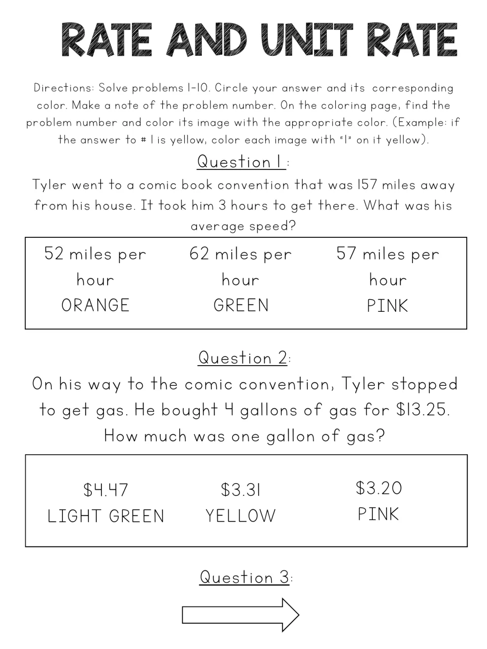 Average speed and gas price word problems: students solve questions 1-2 and circle each answer with its matching color