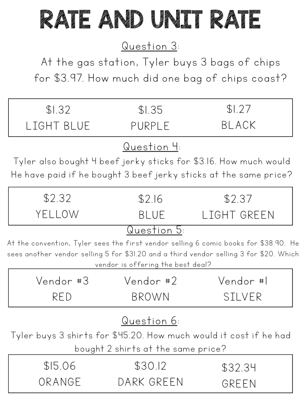 Unit price word problems on chips, beef jerky, comic book vendors and shirts: students choose answers 3-6 and their colors