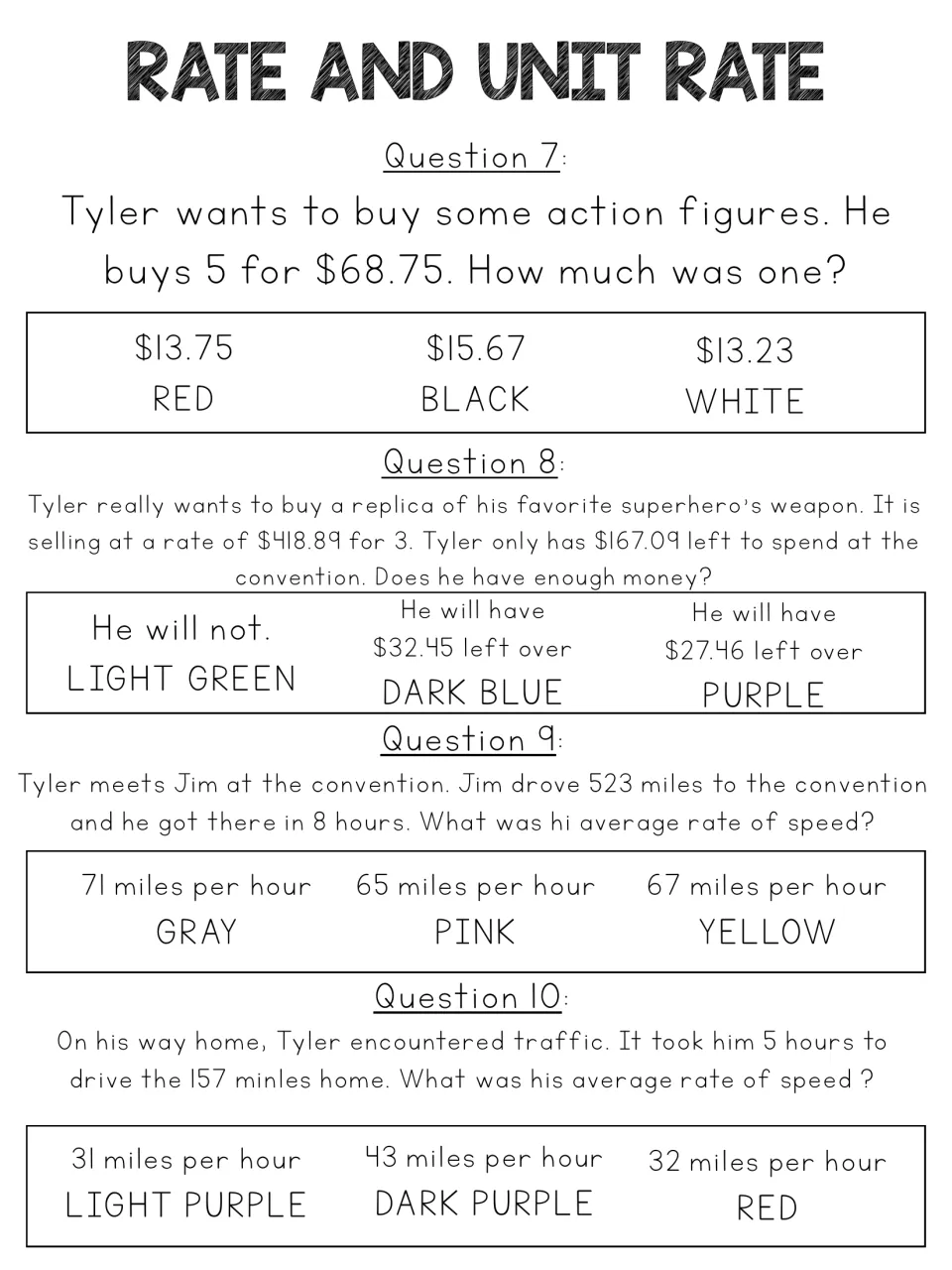 Action figure cost, replica budget and driving speed problems: students solve questions 7-10 and note each answer's color