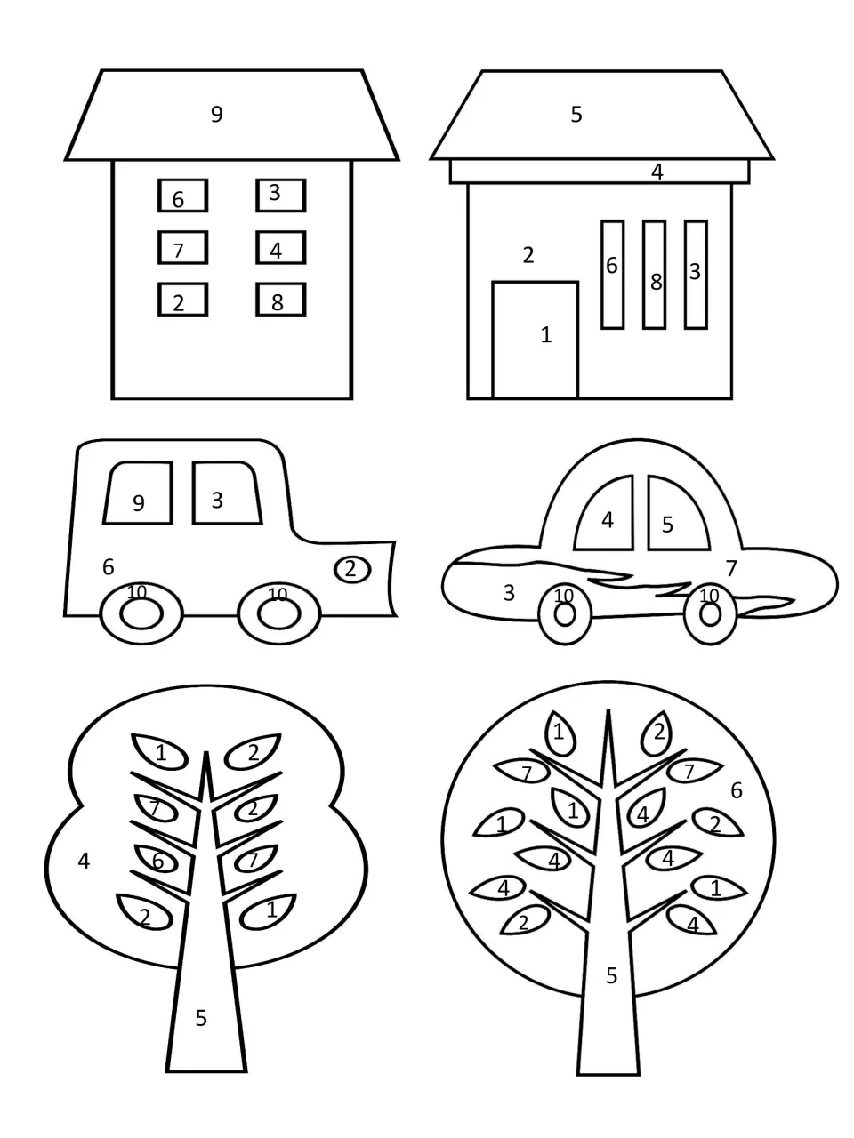 Coloring page: two houses, two cars and two trees split into parts numbered 1-10 to color by each problem's answer